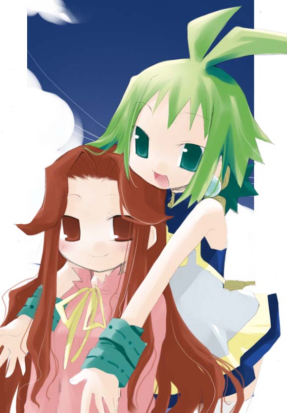 sazaki ichiri, castille, castille (phantom brave), marona (phantom brave), phantom brave, 2girls, brown eyes, brown hair, green eyes, green hair, long hair, multiple girls, short hair