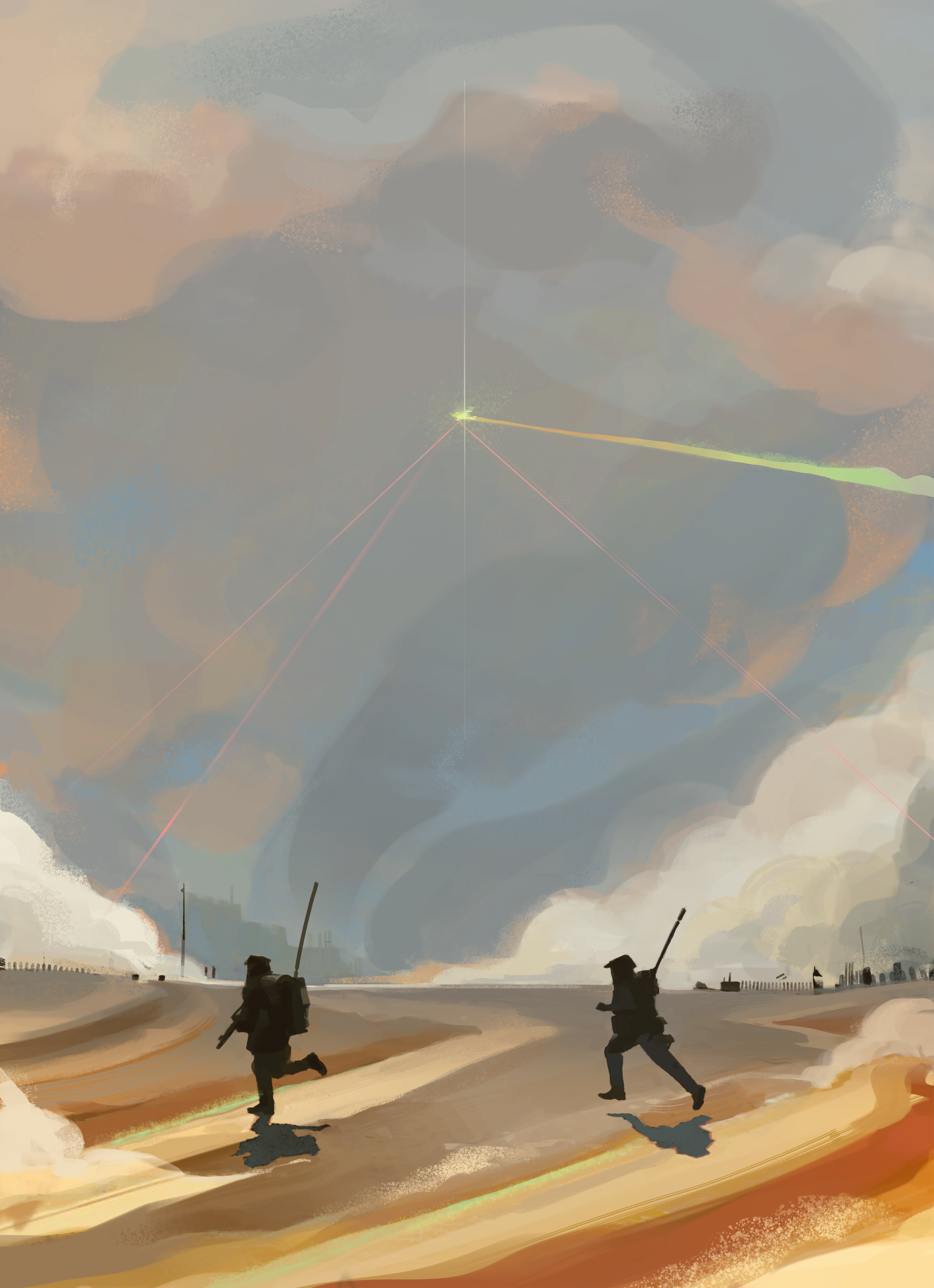 polilla, original, absurdres, commentary, english commentary, highres, 2boys, backpack, bag, cloud, gun, holding, holding gun, holding weapon, male focus, military uniform, multiple boys, painterly, running, scenery, shadow, weapon