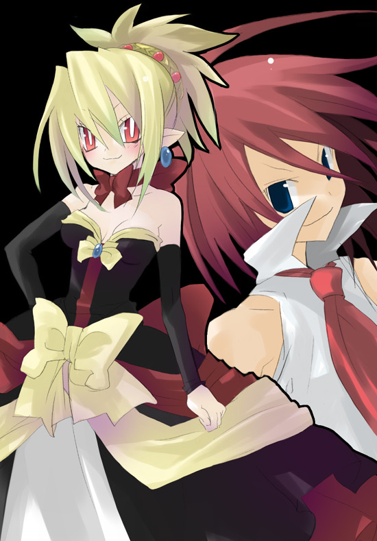 sazaki ichiri, adell (disgaea), rozalin, disgaea, makai senki disgaea 2, 1boy, 1girl, blonde hair, bow, bright pupils, demon girl, detached sleeves, dress, pointy ears, red eyes, red hair, strapless, strapless dress, yellow bow