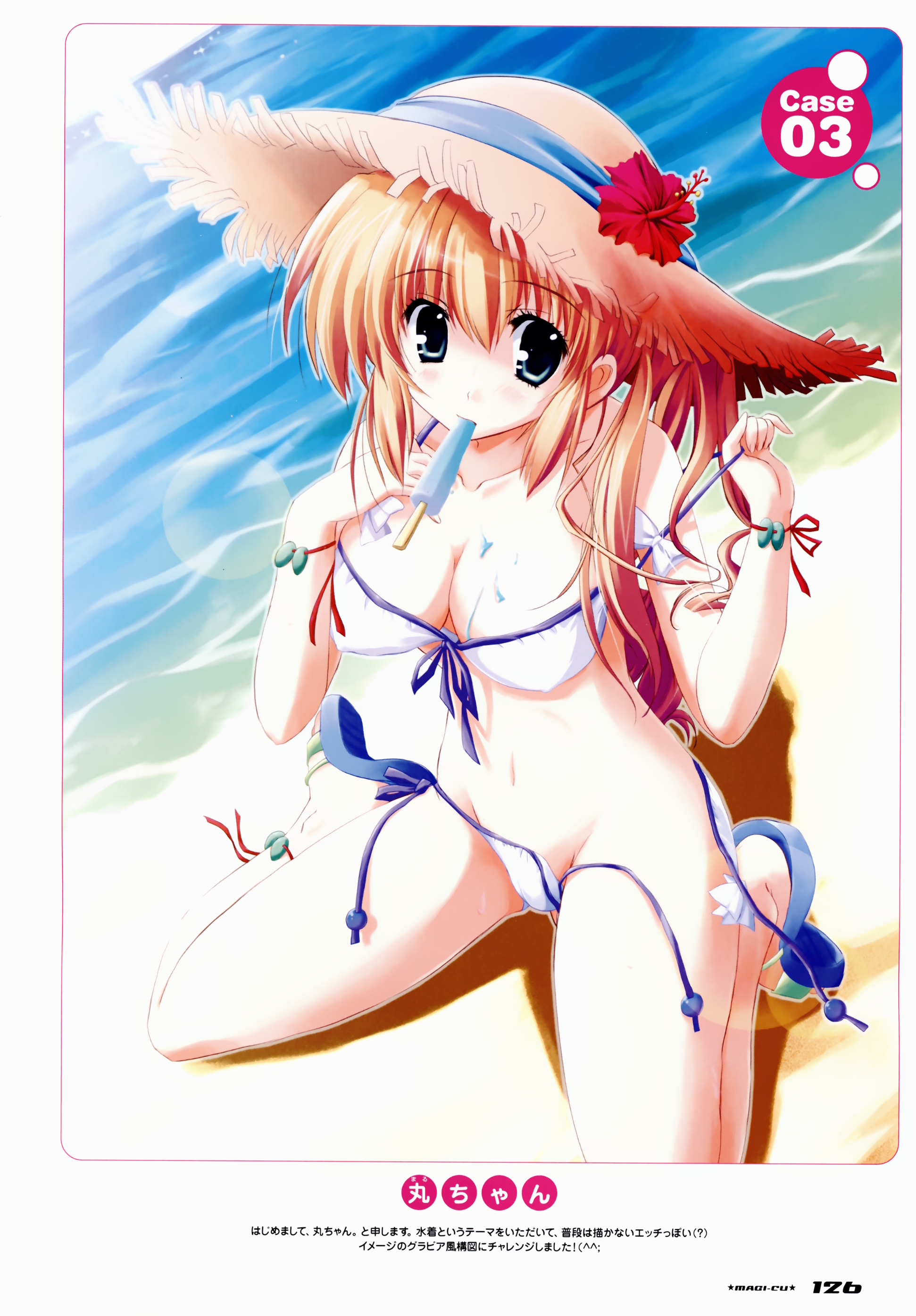 maruchan., magi-cu, absurdres, highres, 1girl, bikini, blonde hair, blue eyes, female focus, food, hat, mouth hold, popsicle, solo, swimsuit