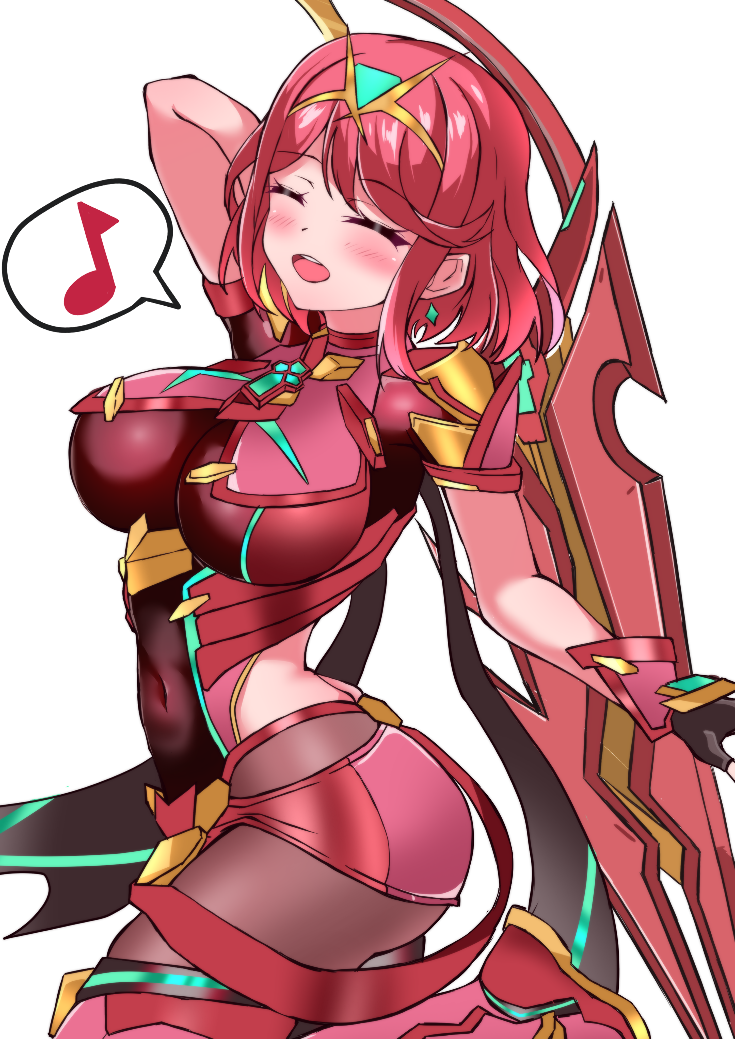otama (otama ladle23), pyra (xenoblade), xenoblade chronicles (series), xenoblade chronicles 2, absurdres, highres, 1girl, aegis sword (xenoblade), bob cut, breasts, chest jewel, core crystal (xenoblade), earrings, floating earrings, gem, headpiece, large breasts, red hair, red shorts, shorts, swept bangs, tiara