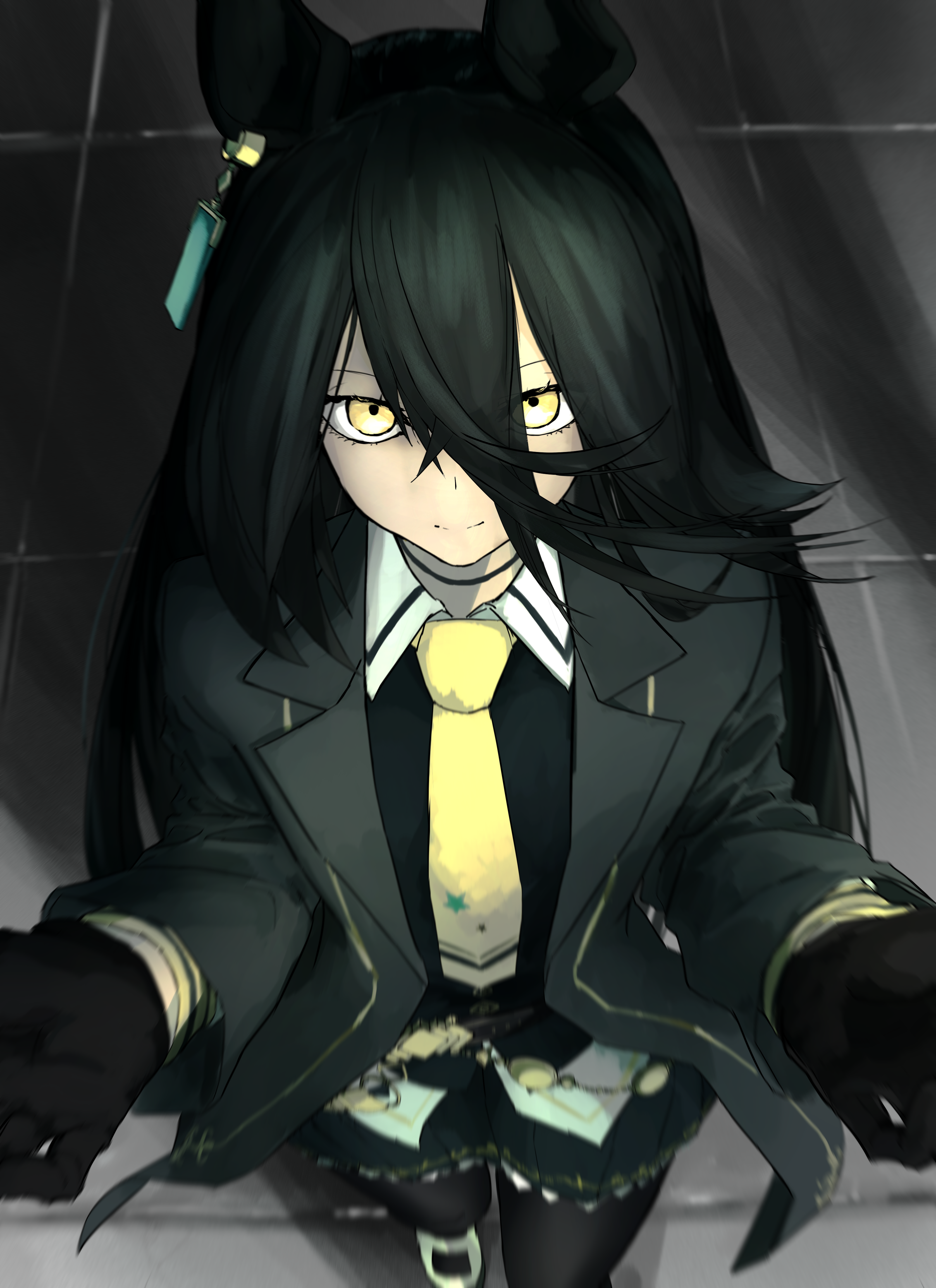 fujigaya seizo, manhattan cafe (umamusume), umamusume, absurdres, highres, variant set, 1girl, animal ears, black choker, black gloves, black hair, black pantyhose, black skirt, black vest, choker, closed mouth, collared shirt, cowboy shot, ear ornament, ear tag, earrings, gloves, hair between eyes, hands up, hem peeking out, horse ears, horse girl, jewelry, long bangs, long hair, long hair between eyes, long sleeves, pantyhose, pleated skirt, shirt, shoes, single earring, skirt, smile, solo, very long hair, vest, white shirt, white shoes, yellow eyes