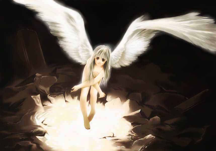 toshi hiroshi, original, jpeg artifacts, angel, angel wings, barefoot, brown theme, glowing, long hair, nude, solo, wings