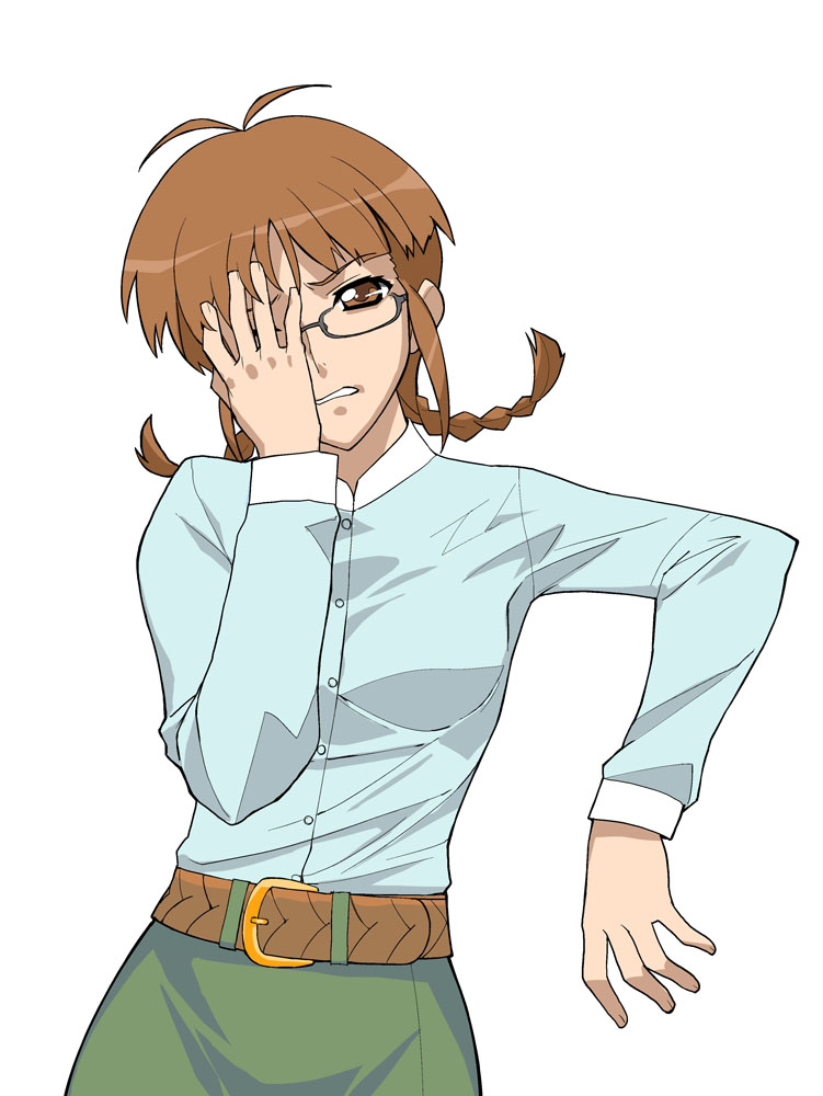 a1 (initial-g), akizuki ritsuko, idolmaster, idolmaster (classic), idolmaster 1, 00s, 1girl, ahoge, antenna hair, belt, braid, brown eyes, brown hair, buckle, cowboy shot, facepalm, female focus, glasses, green skirt, long sleeves, looking at viewer, short hair, short twintails, simple background, skirt, solo, twin braids, twintails, white background