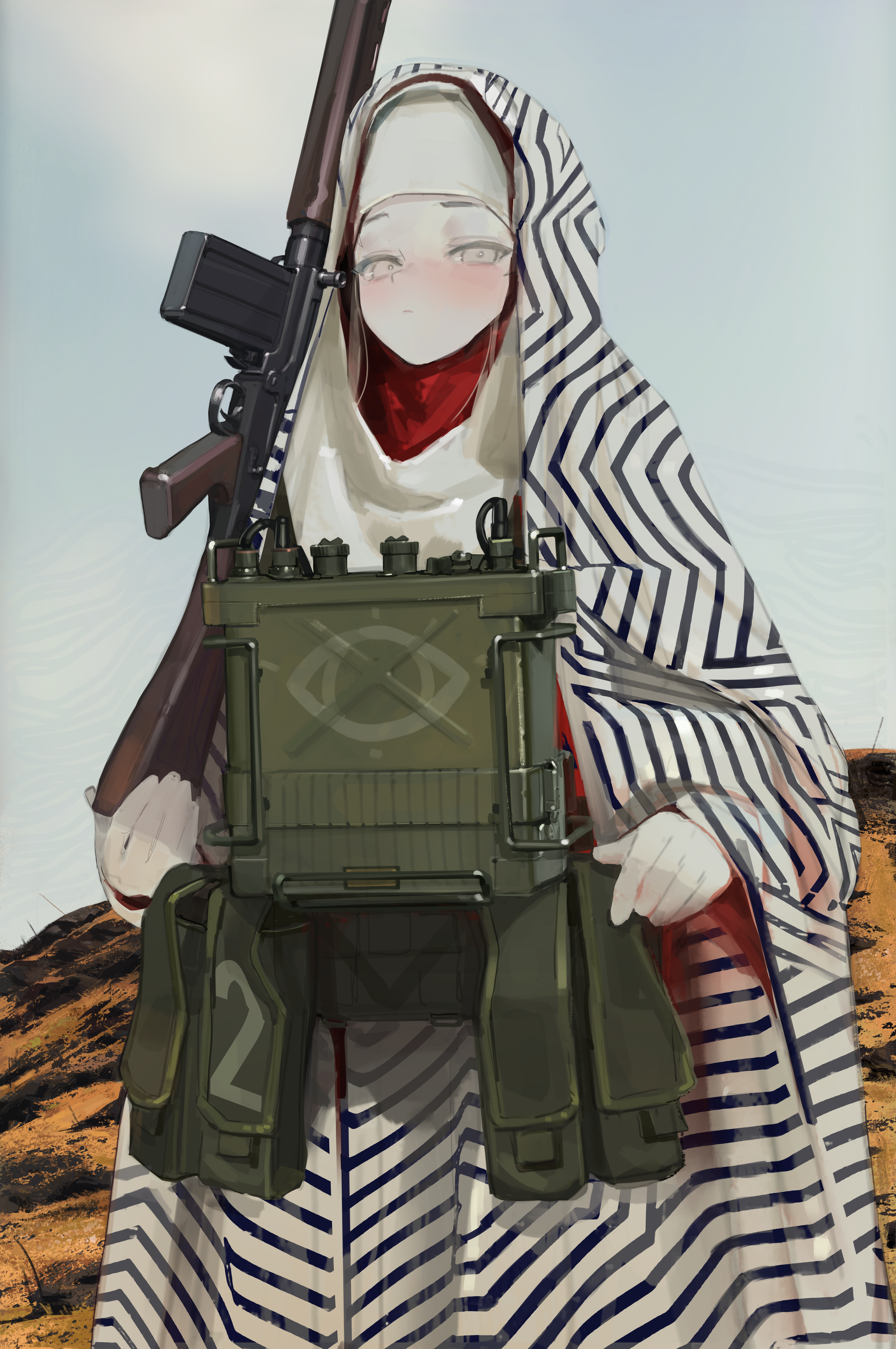 polilla, original, absurdres, commentary, english commentary, highres, 1girl, colored skin, eye print, gun, holding, holding gun, holding weapon, solo, weapon, white skin