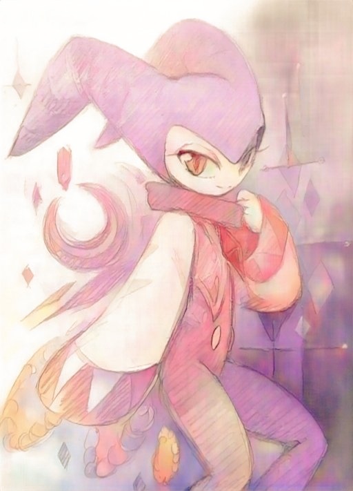 heika (heikahp), nights (character), nights into dreams, commentary, traditional media, 1other, androgynous, bodysuit, brown eyes, closed mouth, crystal, feet out of frame, floating, floating object, hand up, hat, jester, jester cap, looking at viewer, purple bodysuit, purple hat, smile, white sleeves, wide sleeves