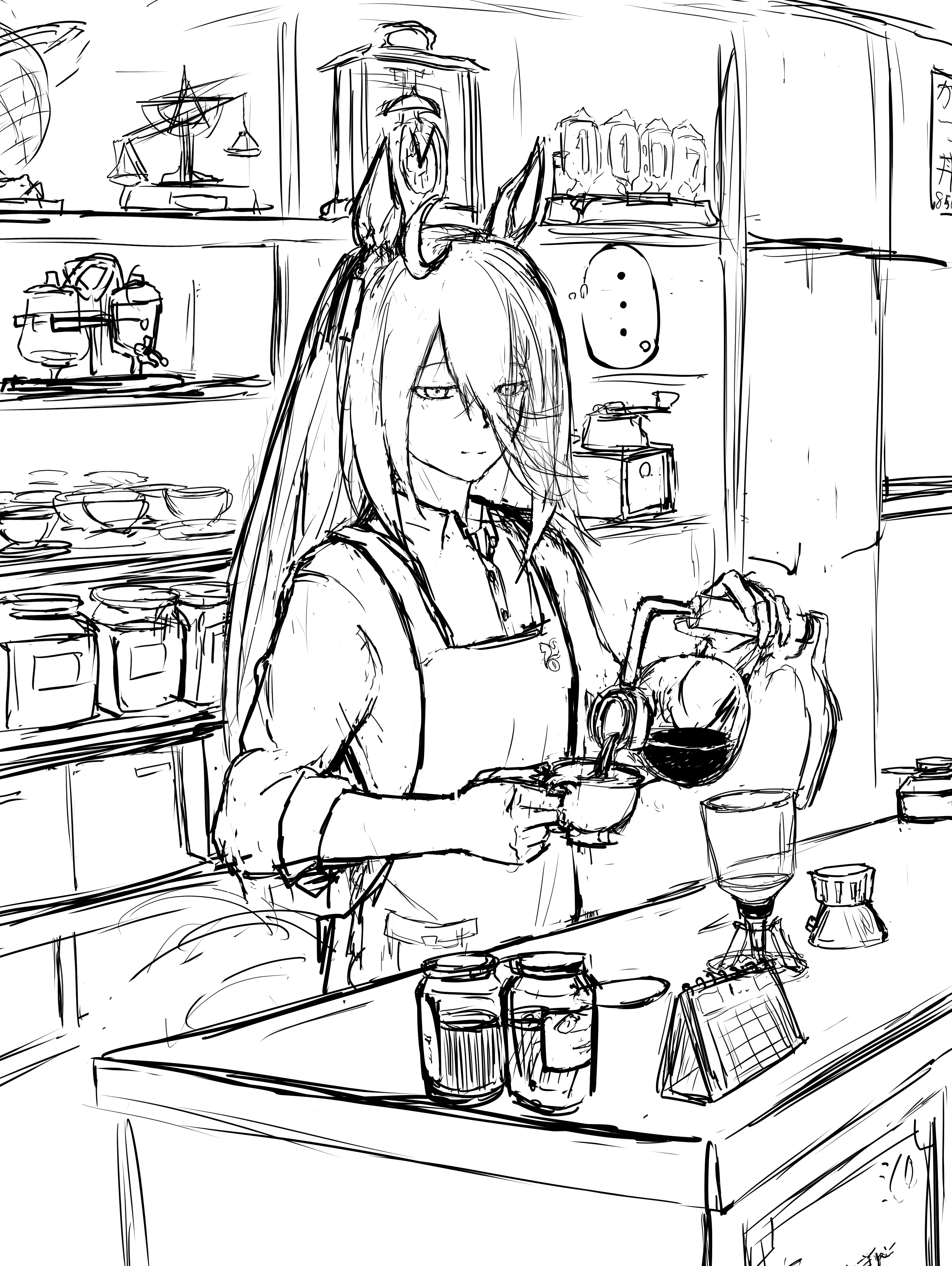 fujigaya seizo, manhattan cafe (umamusume), umamusume, absurdres, highres, …, ahoge, animal ears, apron, barista, calendar (object), clock, closed mouth, coffee pot, collared shirt, cup, greyscale, hands up, holding, holding cup, horse ears, horse girl, horse tail, jar, long hair, long sleeves, monochrome, shelf, shirt, sketch, sleeves rolled up, smile, speech bubble, spoken ellipsis, table, tail, thought bubble, very long hair, weighing scale