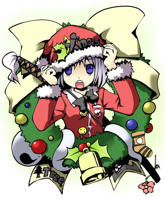 kannazuki hato, konpaku youmu, konpaku youmu (ghost), touhou, silver hair, 1girl, bell, blue eyes, christmas, female focus, flower, ghost, hat, hitodama, holly, katana, santa costume, short hair, simple background, solo, sword, weapon, wreath