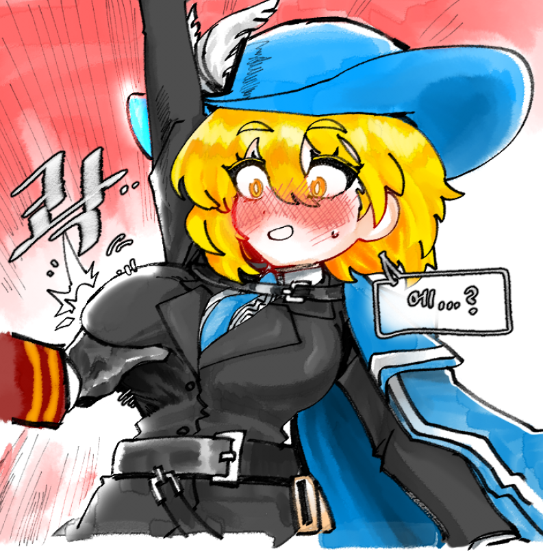 dante (limbus company), don quixote (project moon), limbus company, project moon, 1girl, 1other, belt, black gloves, black jacket, blonde hair, blue cape, blue hat, blue necktie, blush, breasts, cape, cavalier hat, cinq association south uniform, collared shirt, full-face blush, gloves, grabbing another's breast, groping, hat, hat feather, jacket, large breasts, looking at viewer, musketeer, necktie, plume, red background, shirt, short hair, simple background, solo focus, udiedguy, upper body, white shirt, yellow eyes