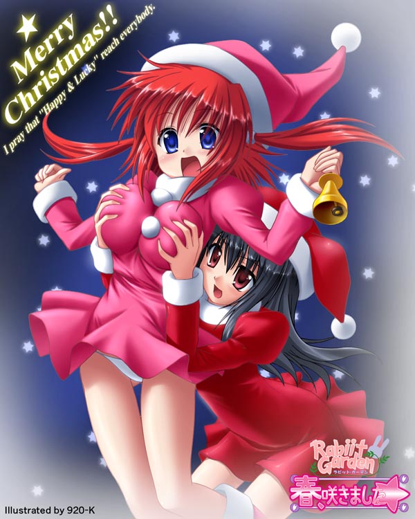 920-k, 2girls, artist name, bell, black hair, blue eyes, breasts, christmas, grabbing another's breast, groping, large breasts, multiple girls, red eyes, red hair, santa costume