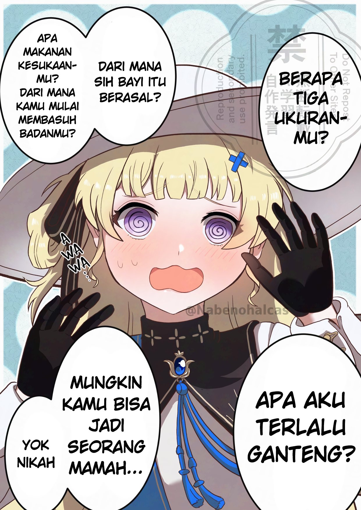 phoebe (wuthering waves), wuthering waves, highres, 1girl, black gloves, blonde hair, bow, closed mouth, gloves, hair ornament, hat, long hair, long sleeves, looking at viewer, nabeno halcas, purple eyes, shirt, skirt, smile, solo, watermark, white hat, white shirt, x hair ornament