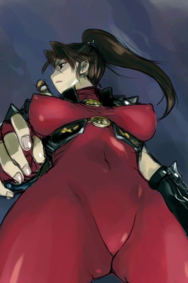 michael f91, taki (soulcalibur), soul calibur, soulcalibur, soulcalibur iii, 1girl, bodysuit, breasts, brown hair, covered erect nipples, female focus, from below, large breasts, latex, long hair, ninja, ponytail, solo