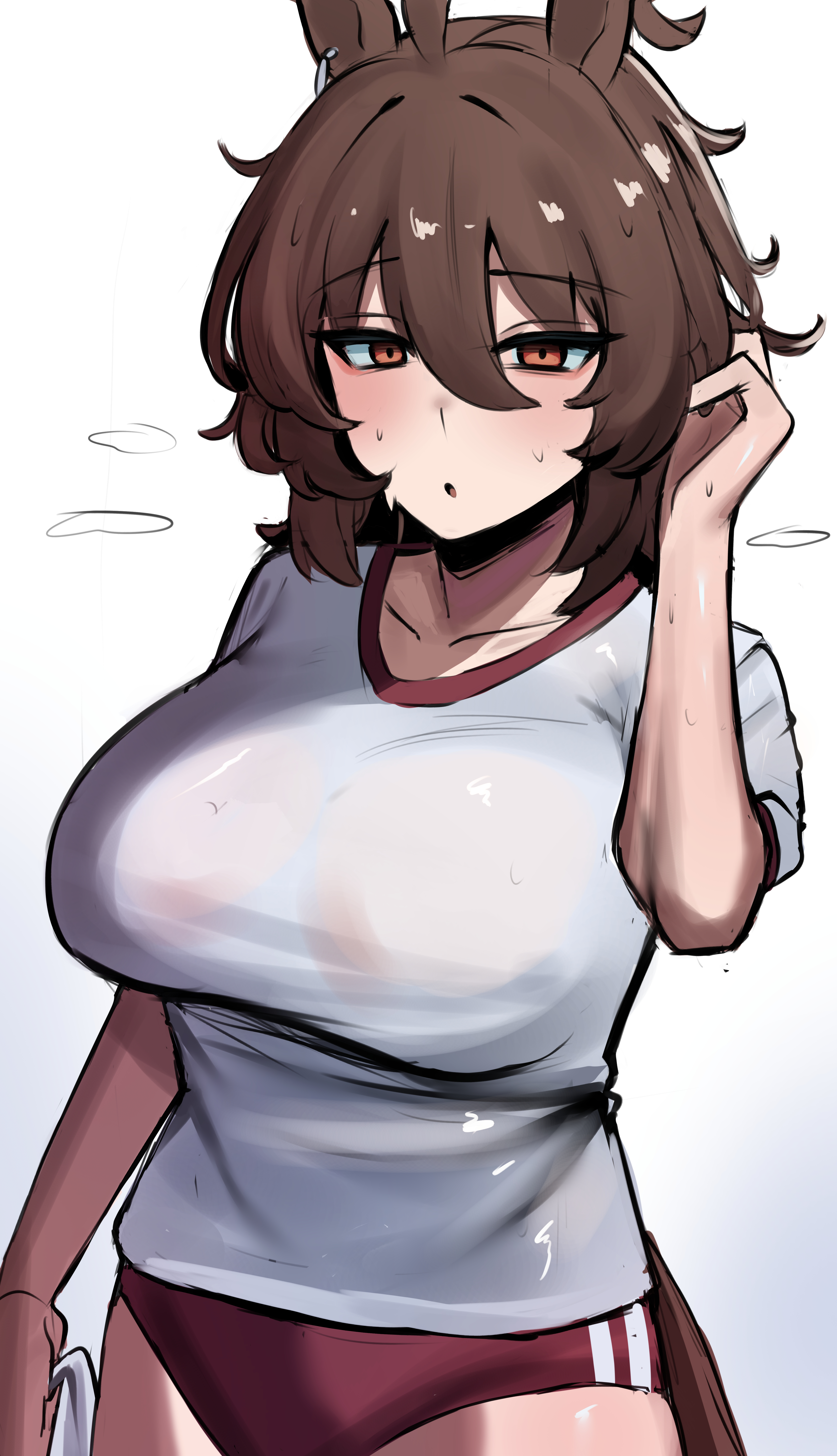 iog626, agnes tachyon (umamusume), umamusume, absurdres, highres, 1girl, ahoge, animal ears, breasts, brown hair, buruma, collarbone, ear ornament, earrings, hair between eyes, heavy breathing, holding, holding towel, horse ears, horse girl, horse tail, jewelry, large breasts, medium hair, parted lips, red buruma, red eyes, see-through clothes, see-through shirt, shirt, short sleeves, simple background, single earring, solo, steaming body, sweat, tail, towel, wet, wet clothes, wet shirt, white background, white shirt