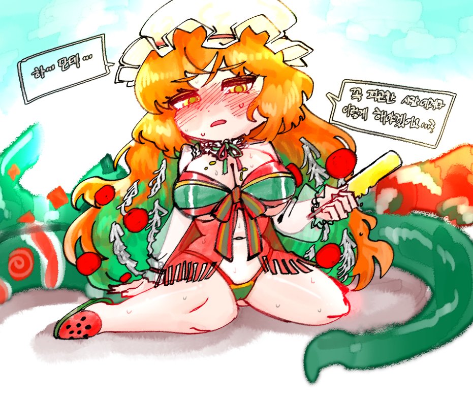 ishmael (project moon), limbus company, project moon, 1girl, adapted costume, bikini, blue background, blush, bow, breasts, christmas nightmare (e.g.o), cleavage, e.g.o (project moon), food, full-face blush, full body, green bikini, green eyes, green hair, hat, holding, holding food, holding popsicle, large breasts, long hair, looking at viewer, mob cap, multicolored hair, orange hair, popsicle, red bow, red shoes, shoes, simple background, sitting, solo, speech bubble, sweatdrop, swimsuit, tentacles, udiedguy, white hat
