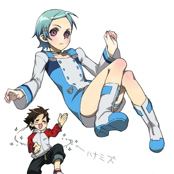 shiono etorouji, eureka (eureka seven), renton thurston, eureka seven, eureka seven (series), ^o^, white footwear, 00s, 1boy, 1girl, ^ ^, aqua hair, blush, boots, closed eyes, full body, knee boots, long sleeves, looking at viewer, pink eyes, raglan sleeves, short hair, simple background, thigh strap, white background
