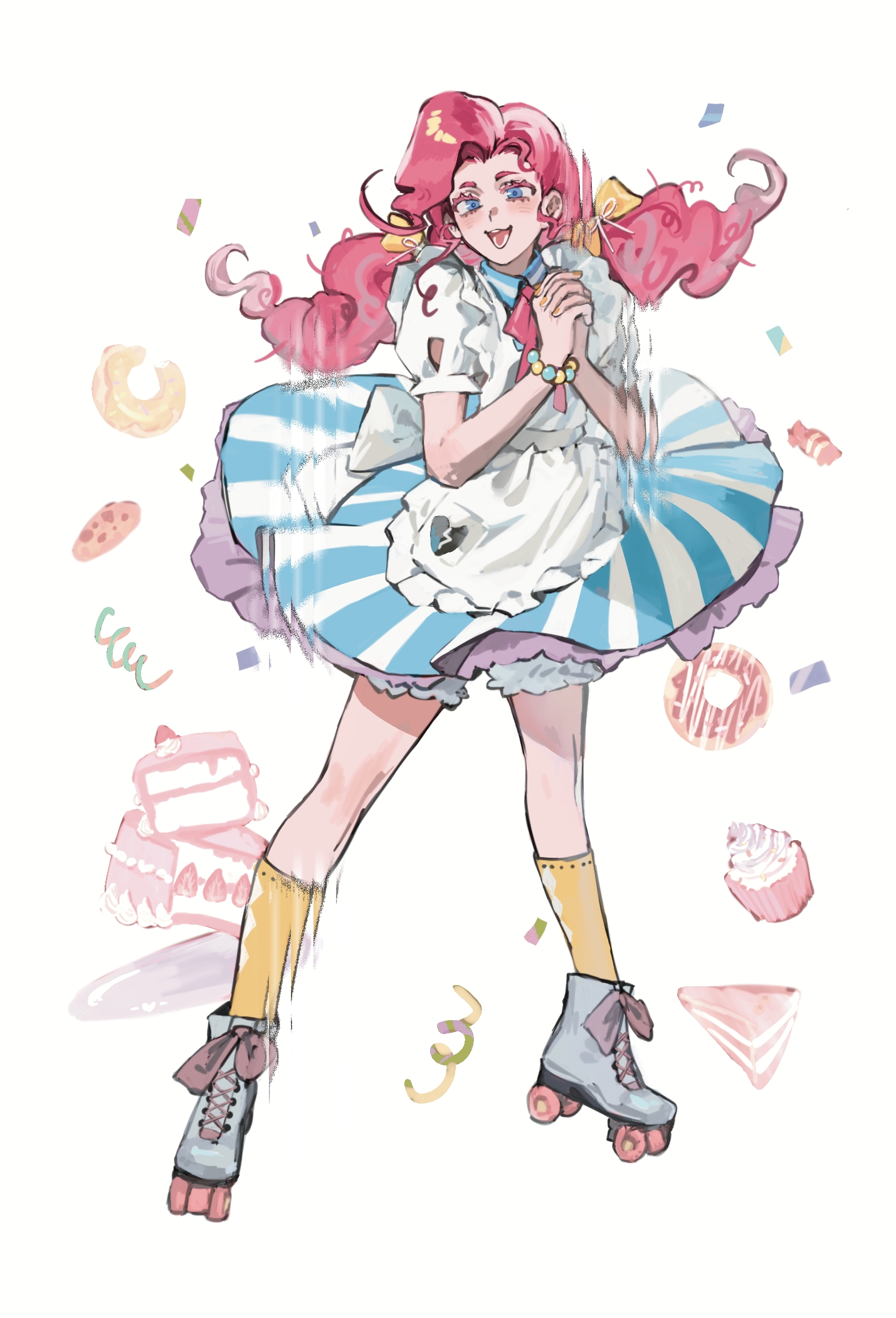 leiyezhongma1, pinkie pie, pinkie pie (equestria girls), my little pony, my little pony: equestria girls, my little pony: friendship is magic, chinese commentary, commentary request, highres, 1girl, :3, :d, ankle boots, apron, back bow, bead bracelet, beads, bloomers, blue dress, blue eyes, boots, bow, bowtie, bracelet, cake, cake slice, candy, chocolate chip cookie, collared dress, colored eyelashes, confetti, cookie, cupcake, curly hair, donut, dress, food, footwear bow, frilled apron, frilled bloomers, frills, fruit, full body, hair bow, hair ribbon, hands up, heart, interlocked fingers, jewelry, kneehighs, lace-up boots, legs apart, long hair, looking at viewer, low twintails, open mouth, own hands clasped, own hands together, petticoat, pink bow, pink bowtie, pink hair, puffy short sleeves, puffy sleeves, ribbon, roller skates, short dress, short sleeves, simple background, skates, smile, socks, solo, standing, strawberry, strawberry cake, strawberry slice, striped clothes, striped dress, teeth, tongue, twintails, two-tone dress, underwear, vertical-striped clothes, vertical-striped dress, white apron, white background, white bloomers, white boots, white bow, white dress, white ribbon, wrapped candy, yellow bow, yellow socks