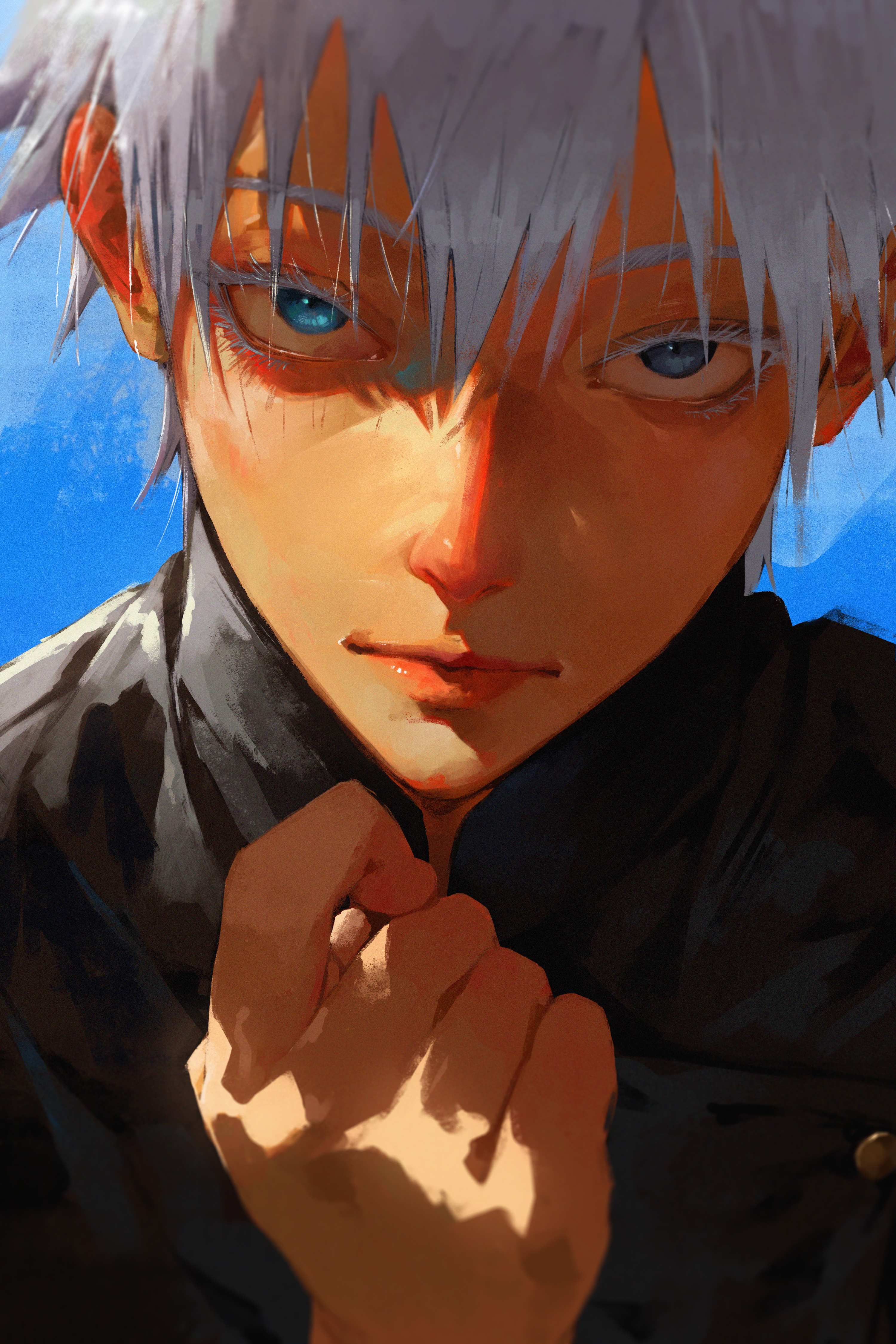 niri (eunhaha02), gojou satoru, jujutsu kaisen, absurdres, highres, 1boy, black jacket, blue background, blue eyes, close-up, colored eyelashes, hand up, high collar, impasto, jacket, jujutsu tech uniform, lips, long sleeves, looking at viewer, male focus, painterly, partially shaded face, school uniform, shadow, short hair, sidelighting, solo, spiked hair, white hair