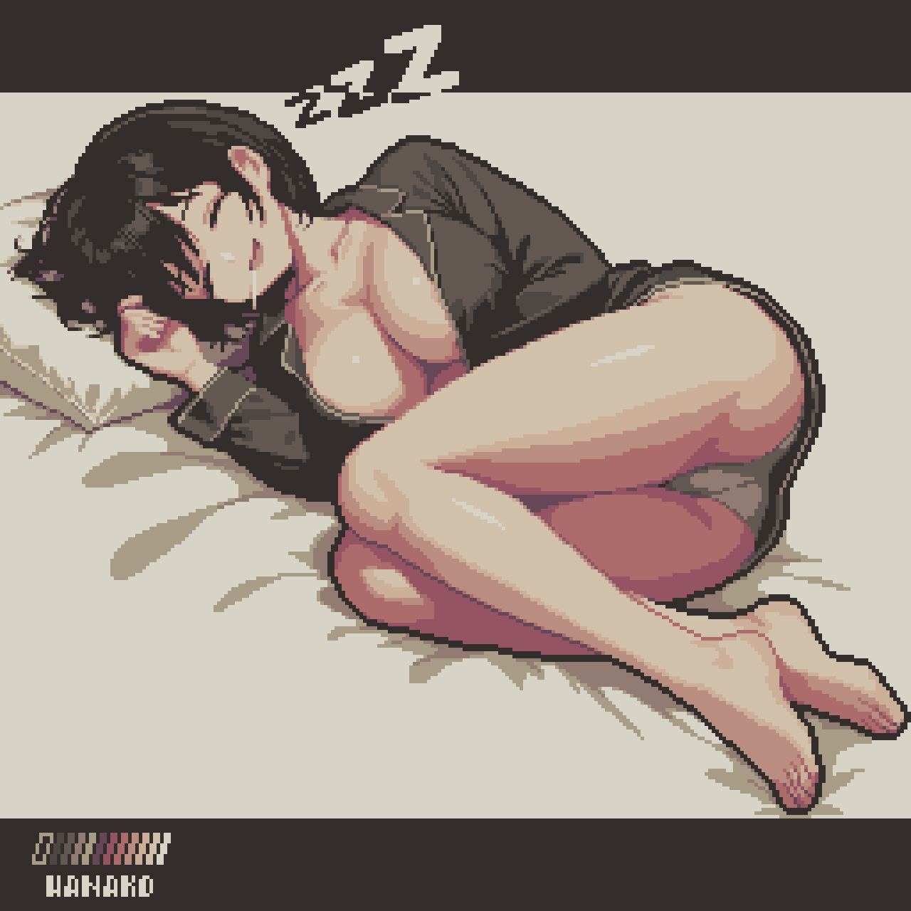 specialhanako, original, highres, 1girl, bare legs, barefoot, black hair, breasts, cleavage, closed eyes, collarbone, fetal position, full body, large breasts, lying, open clothes, open mouth, open shirt, pajamas, panties, pillow, pixel art, saliva, saliva trail, short hair, sleeping, smile, solo, toes, underwear, zzz