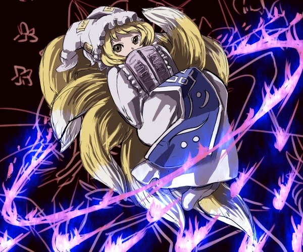 yakumo ran, touhou, 1girl, animal ears, animal hat, blonde hair, blush, covering own mouth, dress, female focus, fire, floating, fox tail, full body, hands in opposite sleeves, hat, long sleeves, looking at viewer, magic, mob cap, multiple tails, solo, surcoat, tabard, tail, white dress, wide sleeves