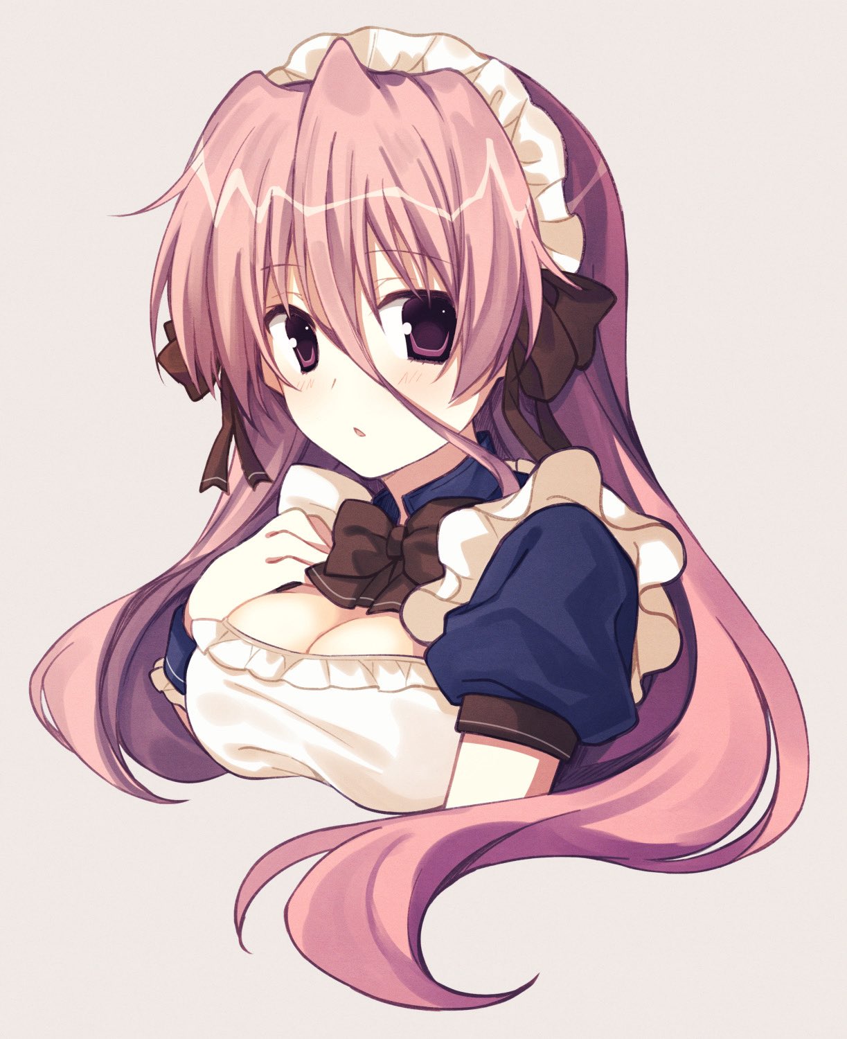 sakura-no, onigase tane, ikinari anata ni koishiteiru, highres, 1girl, bow, bowtie, breasts, brown bow, brown bowtie, cleavage, hair between eyes, long hair, looking at viewer, maid, maid headdress, medium breasts, pink hair, puffy short sleeves, puffy sleeves, purple eyes, short sleeves, simple background, solo, upper body