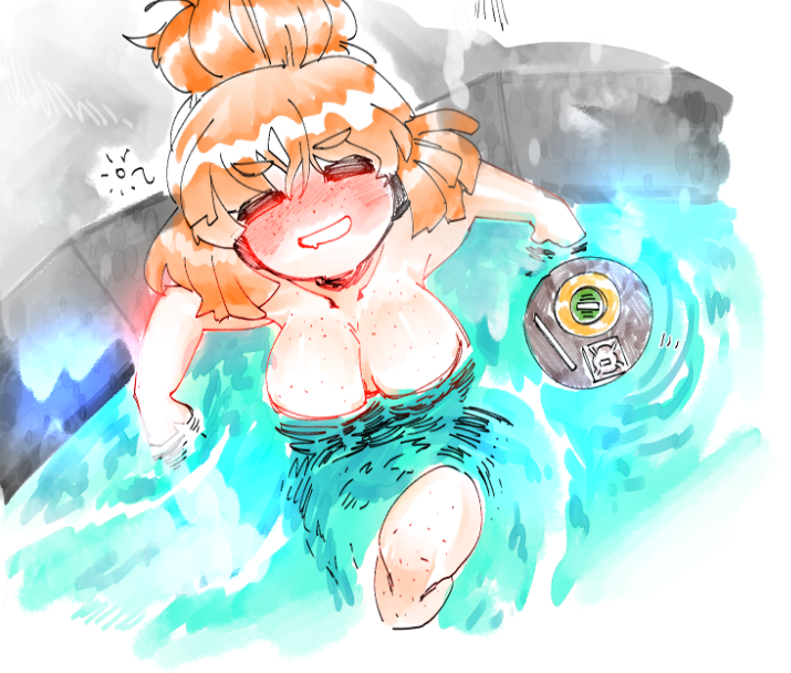 ishmael (project moon), kurokumo clan (identity) (project moon), limbus company, project moon, 1girl, bathing, blush, body freckles, breasts, freckles, grin, large breasts, long hair, looking at viewer, nude, orange hair, simple background, sitting, smile, solo, udiedguy, updo, upper body, water, white background