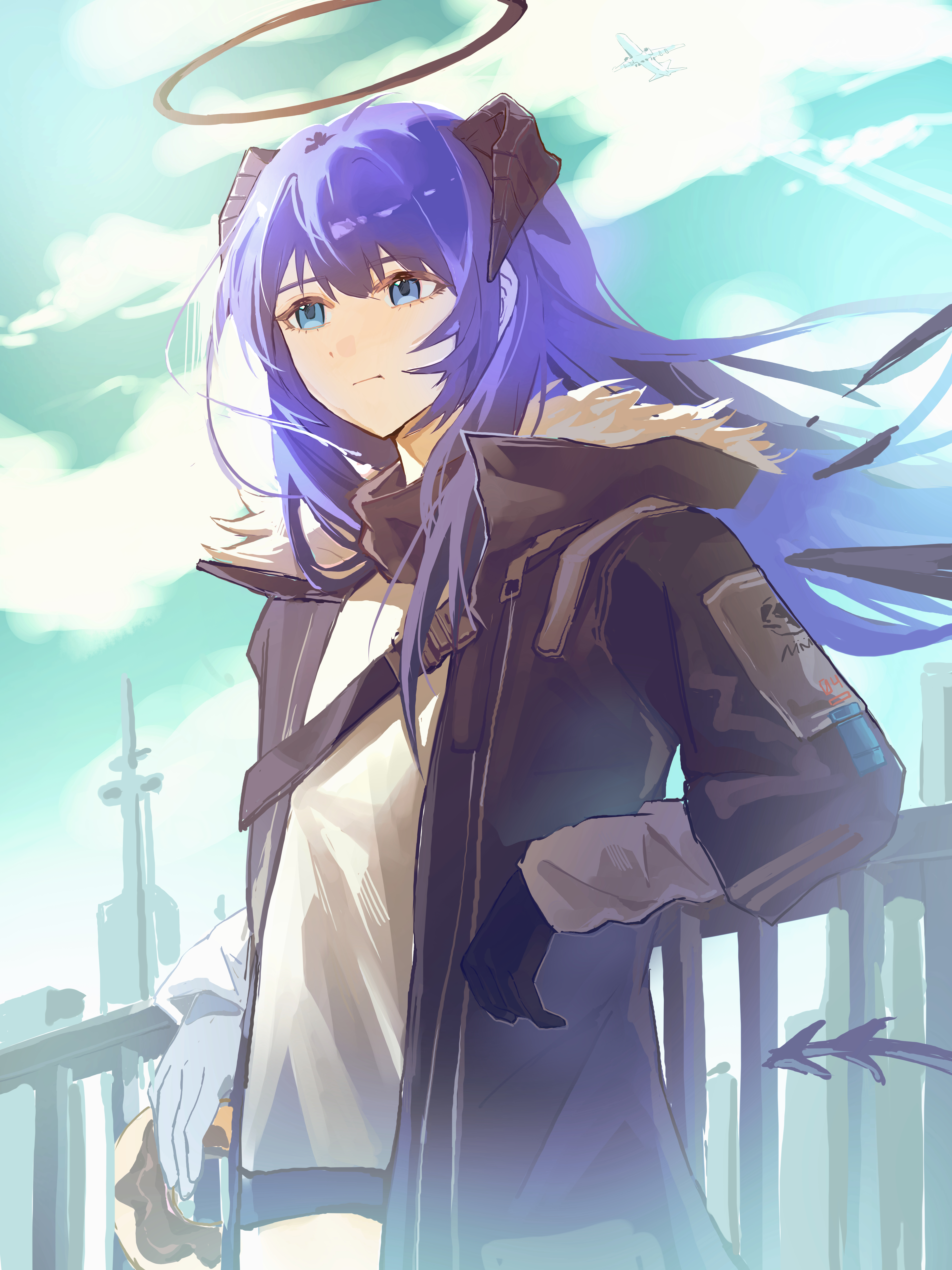mostima (arknights), arknights, absurdres, chinese commentary, commentary request, highres, 1girl, asymmetrical gloves, black gloves, black horns, black jacket, blue eyes, brown halo, closed mouth, cowboy shot, day, donut, food, gloves, grey gloves, halo, holding, holding donut, holding food, horns, jacket, layered sleeves, long sleeves, looking ahead, mismatched gloves, open clothes, open jacket, outdoors, solo, standing, traditional halo, wind, xianyunguhe