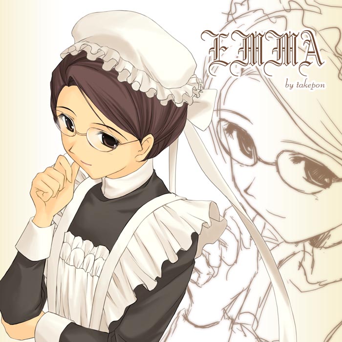 takepon, emma, emma (victorian romance emma), victorian romance emma, 00s, 1girl, female focus, frills, glasses, hat, maid, maid headdress, mob cap, solo, victorian, victorian maid, zoom layer