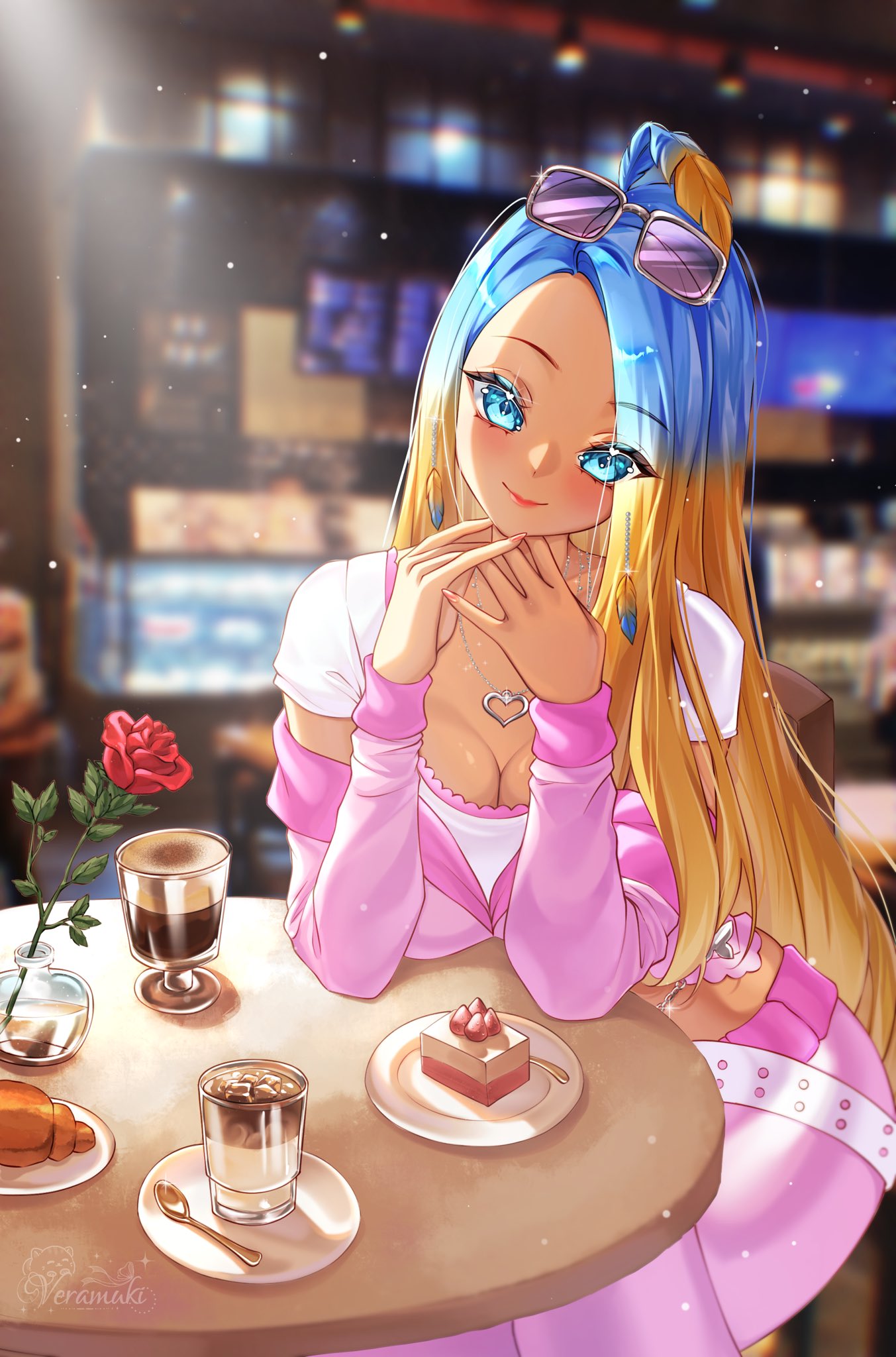 indie virtual youtuber, 1girl, blonde hair, cake, cake slice, coco the dodo, coffee mug, cup, feathers, food, looking at viewer, mug