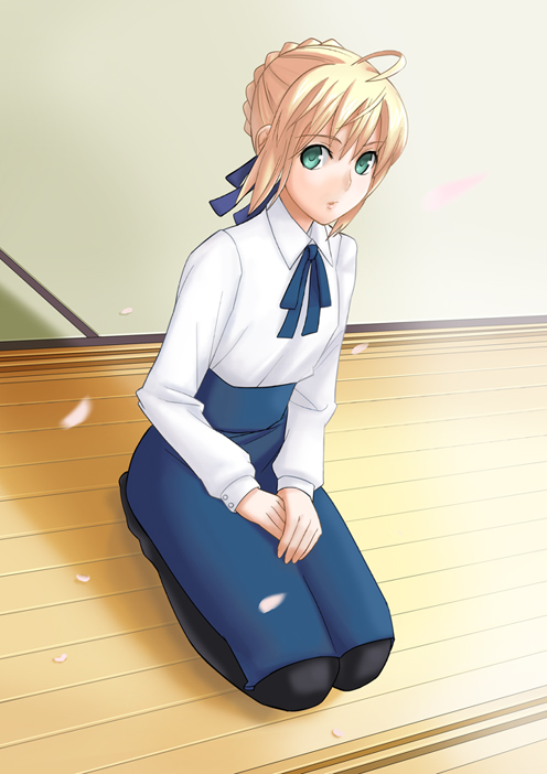 sugar (sugarless), artoria pendragon (fate), saber (fate), fate/stay night, fate (series), 00s, 1girl, black pantyhose, blonde hair, blouse, female focus, green eyes, kneeling, pantyhose, shirt, solo
