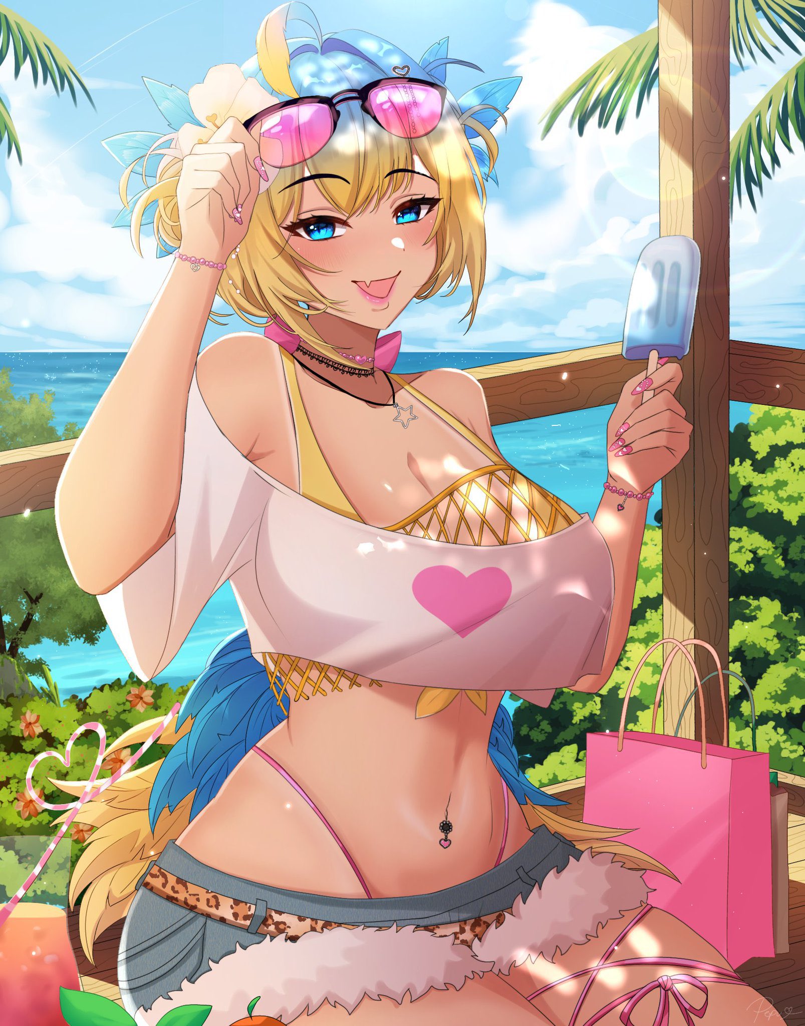 indie virtual youtuber, 1girl, blonde hair, coco the dodo, feathers, food, glasses on head, ice cream