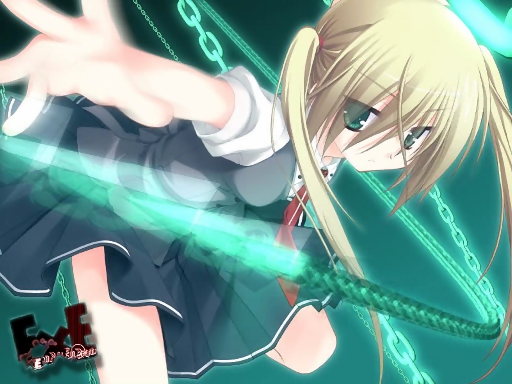 kobuichi, muririn, kono natsuki, empty x embryo, blonde hair, chain, dutch angle, green eyes, long hair, necktie, school uniform, serafuku, skirt, solo, twintails