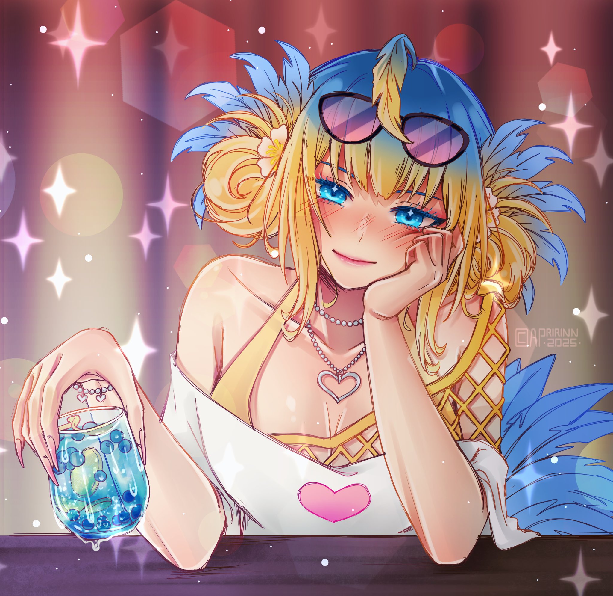 indie virtual youtuber, 1girl, blonde hair, coco the dodo, cup, drinking glass, feathers, glasses on head, looking at viewer