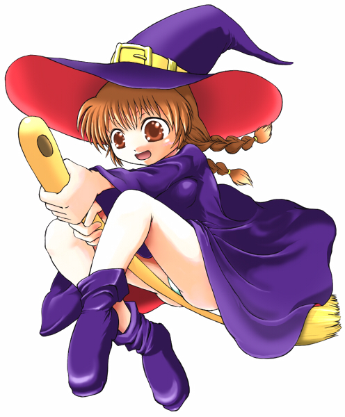 syam i, madotsuki, yume nikki, boots, braid, broom, broom riding, hat, panties, pantyshot, purple boots, purple hat, solo, twin braids, underwear, witch, witch hat
