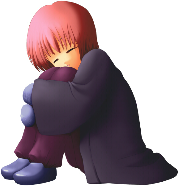 syam i, kamakurako, yume nikki, 1girl, blue mittens, blue shoes, closed eyes, female focus, head tilt, hugging own legs, mittens, raised eyebrows, red hair, shoes, sleeping, solo