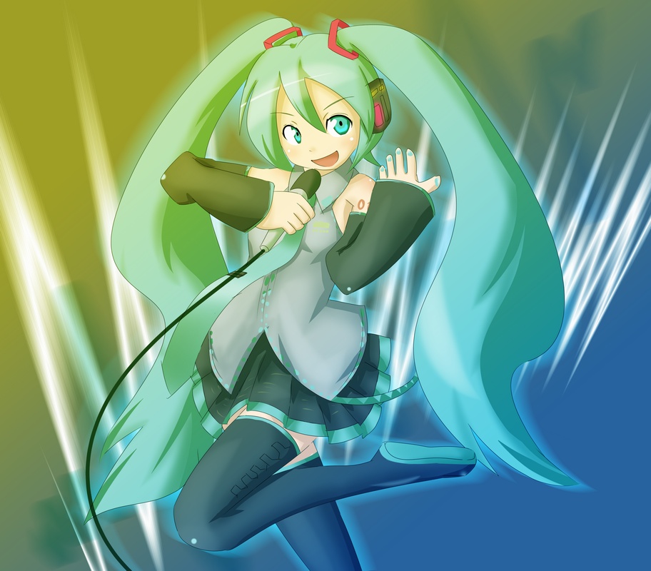 naka (cheeseyeast), hatsune miku, vocaloid, 1girl, aqua hair, female focus, long hair, microphone, solo, thighhighs, twintails, very long hair
