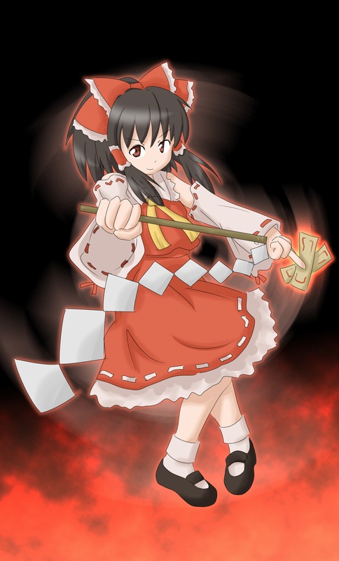 naka (cheeseyeast), hakurei reimu, touhou, 1girl, ascot, black hair, black shoes, bow, brown eyes, detached sleeves, female focus, full body, gohei, hair bow, hair ornament, looking at viewer, ofuda, red bow, ribbon-trimmed sleeves, ribbon trim, shide, shoes, socks, solo, white socks