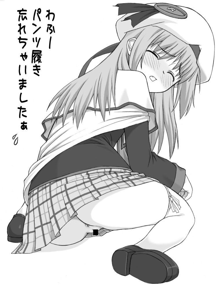 shichimenchou, noumi kudryavka, little busters!, translated, 1girl, anus, ass, blush, buttons, censored, closed eyes, female focus, greyscale, hat, large buttons, loli, long hair, monochrome, no panties, plaid clothes, plaid skirt, school uniform, skirt, solo, thighhighs