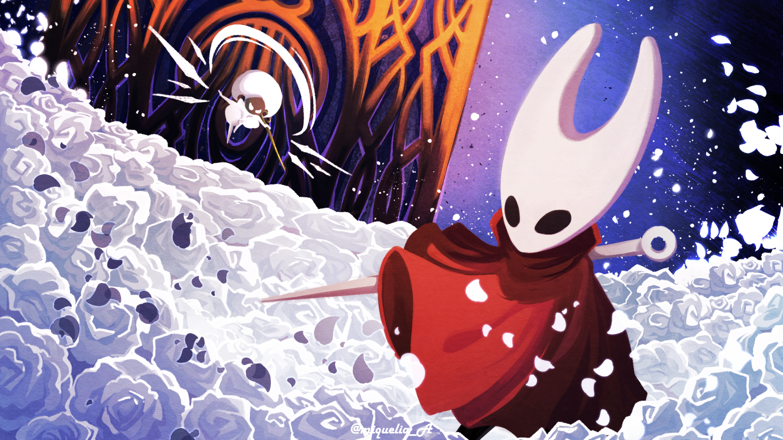 miqueliafantasia, hornet (hollow knight), lace (hollow knight), hollow knight, hollow knight: silksong, commentary, 2girls, cape, field, flower, flower field, holding, holding weapon, looking at another, multiple girls, petals, red cape, rose, weapon, white flower, white rose