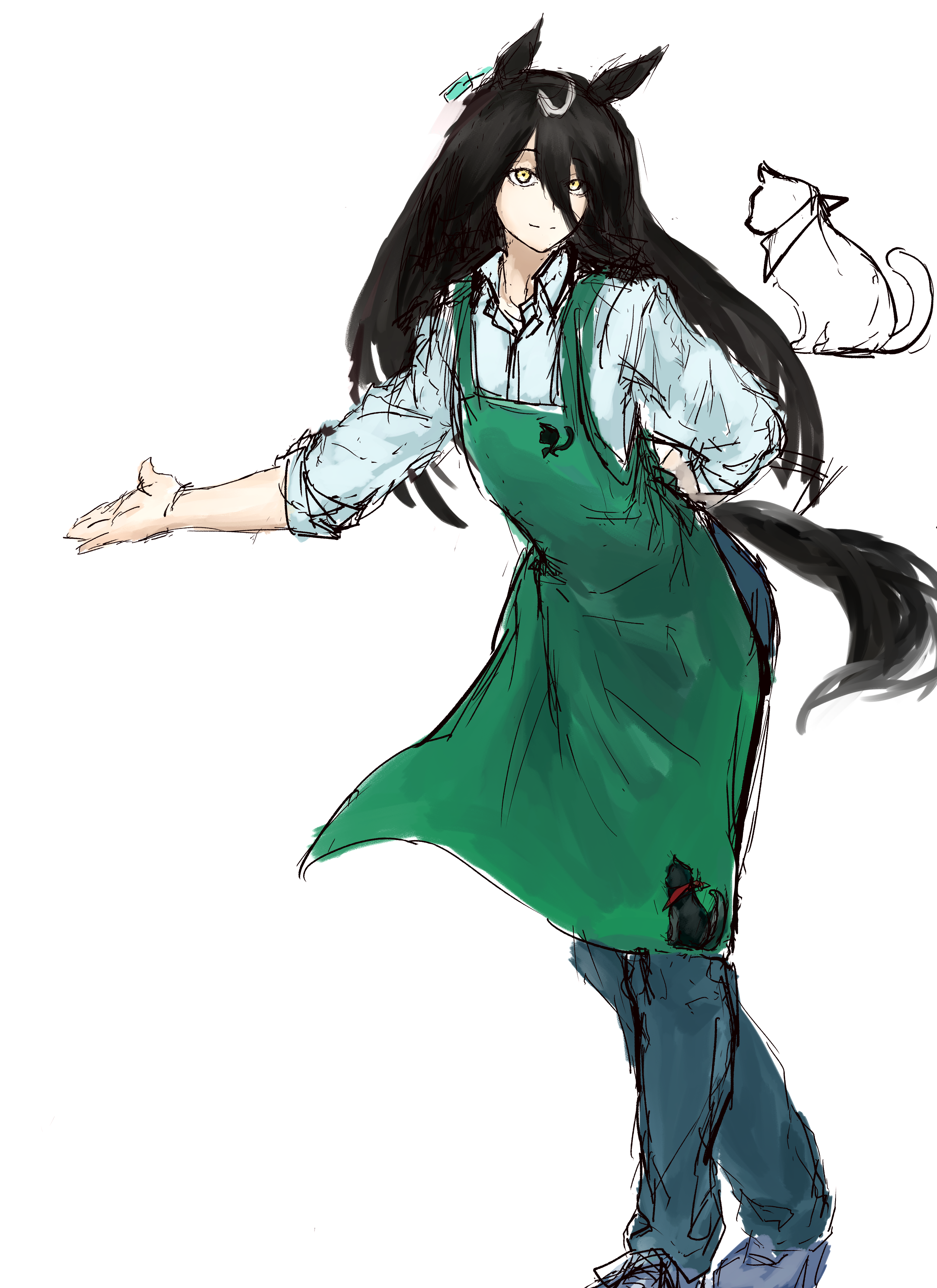 fujigaya seizo, manhattan cafe (umamusume), umamusume, absurdres, highres, 1girl, ahoge, animal ears, apron, arm behind back, black hair, black pants, cat, closed mouth, collared shirt, ear ornament, ear tag, earrings, green apron, hair between eyes, horse ears, horse girl, horse tail, jewelry, long hair, long hair between eyes, long sleeves, looking at viewer, multicolored hair, pants, purple shoes, shirt, shoes, single earring, sleeves rolled up, smile, solo, tail, very long hair, white hair, white shirt, yellow eyes