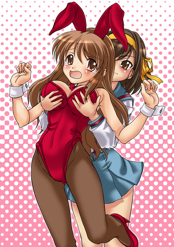 yumeori amu, asahina mikuru, suzumiya haruhi, suzumiya haruhi no yuuutsu, 00s, 2girls, animal ears, breasts, fake animal ears, grabbing another's breast, groping, leotard, multiple girls, pantyhose, playboy bunny, rabbit ears