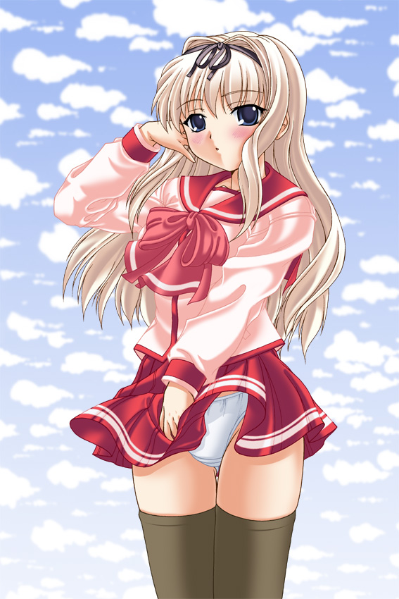 yumeori amu, kusugawa sasara, to heart (series), to heart 2, 00s, 1girl, blonde hair, female focus, panties, school uniform, serafuku, skirt, solo, thighhighs, underwear, white panties, wind, wind lift