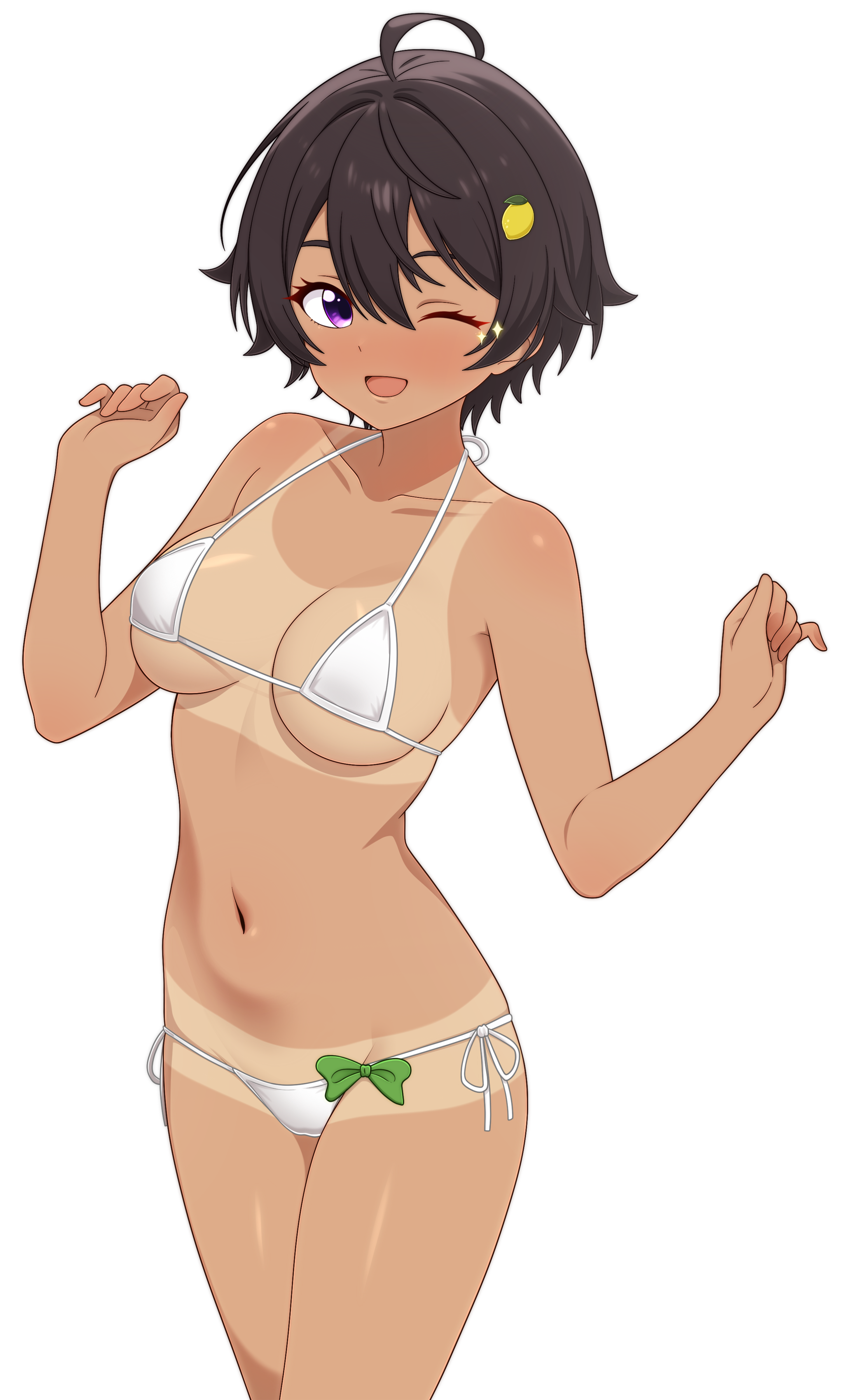 dullahan (alekey art), yakishio lemon, make heroine ga oo sugiru!, absurdres, highres, 1girl, ahoge, bikini, black hair, breasts, collarbone, food-themed hair ornament, hair ornament, lemon hair ornament, looking at viewer, medium breasts, navel, one eye closed, open mouth, purple eyes, side-tie bikini bottom, simple background, smile, solo, standing, swimsuit, tan, tanline, white background, white bikini