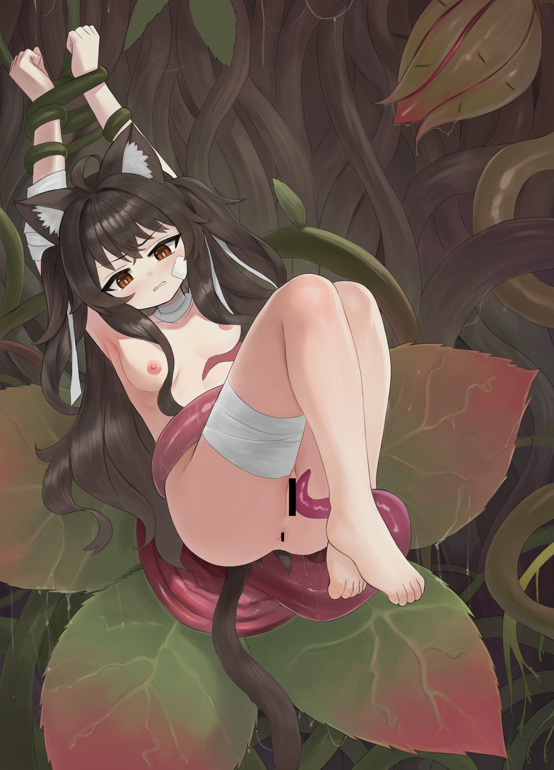 dokomon, original, absurdres, highres, 1girl, animal ear fluff, animal ears, bandaged arm, bandaged leg, bandaged neck, bandages, bandaid, bandaid on cheek, bandaid on face, bar censor, blush, bound, bound arms, bound wrists, breasts, brown eyes, brown hair, cat ears, cat girl, cat tail, censored, clenched teeth, completely nude, full body, imminent rape, long hair, medium breasts, nude, oversized plant, plant, plant monster, pussy, restrained, struggling, tail, teeth, tentacles, torso grab, two side up, v-shaped eyebrows, vines