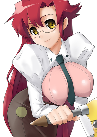 sugar (sugarless), yoko littner, yomako, tengen toppa gurren lagann, 00s, 1girl, aged up, alternate hairstyle, breasts, female focus, glasses, hair down, large breasts, long hair, necktie, red hair, skirt, solo, teacher, yellow eyes