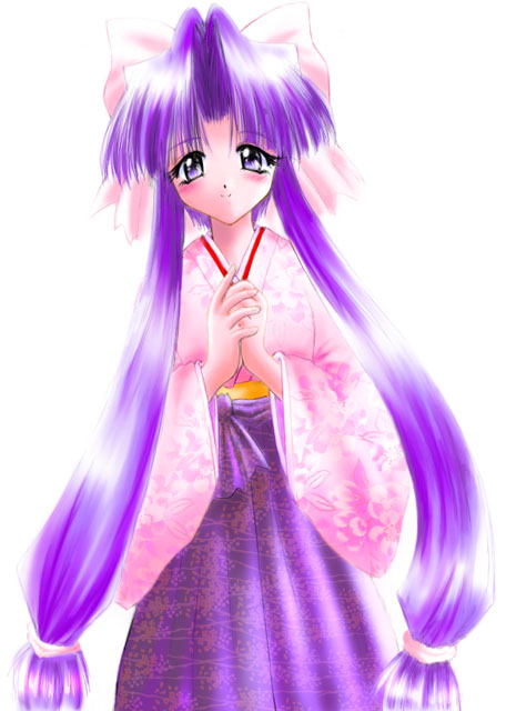 cherry (saber j), saber marionette j, 1990s (style), 1girl, blue eyes, blush, bow, female focus, hair bow, japanese clothes, long hair, low-tied long hair, pink bow, purple hair, retro artstyle, solo, white background