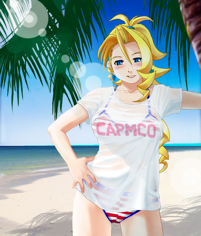 tsukinowa kumatarou, tiffany lords, capcom, justice gakuen, shiritsu justice gakuen, 1girl, american flag bikini, american flag print, beach, bikini, blonde hair, blue eyes, clothes writing, day, female focus, flag print, flag print bikini, outdoors, print bikini, shirt, solo, star (symbol), star print, striped bikini, striped clothes, swimsuit, t-shirt, typo