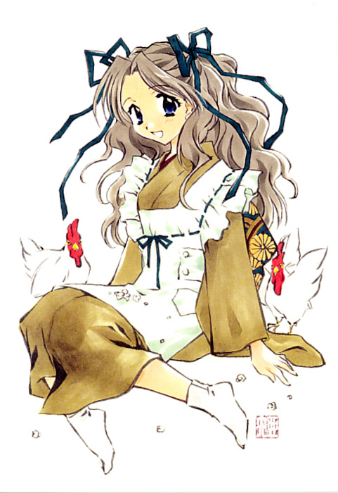 kadoi aya, shirai yuuri, kakyuusei (series), kakyuusei 2, apron, bird, blue eyes, brown hair, chicken, hair ribbon, japanese clothes, kimono, ribbon, sitting, smile, socks, solo, yukata