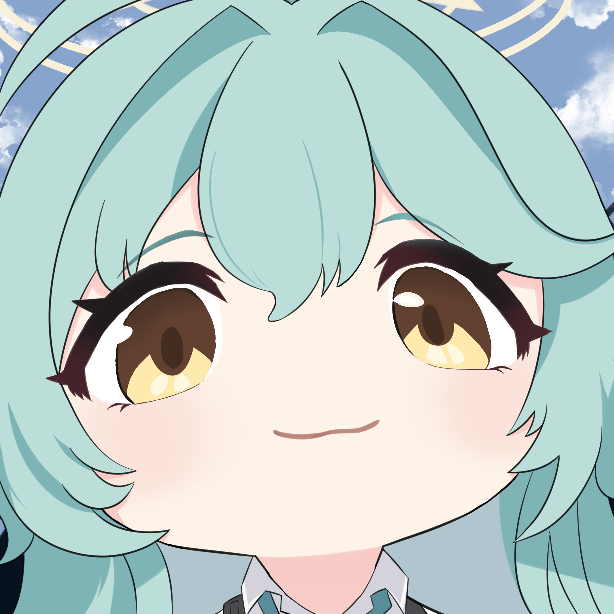 kunjuan shala, yume (blue archive), blue archive, absurdres, highres, 1girl, ahoge, aqua hair, close-up, closed mouth, hair between eyes, halo, long hair, mutsuki face (blue archive), necktie, shirt, smile, solo, very long hair, white shirt, yellow eyes, yellow halo