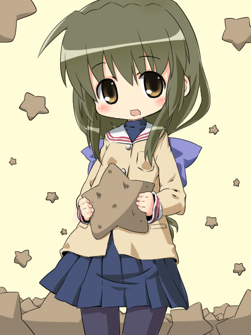 izuno kenta, ibuki fuuko, clannad, 00s, 1girl, :o, black pantyhose, blue skirt, breasts, cowboy shot, female focus, green hair, long sleeves, looking at viewer, pantyhose, pleated skirt, sailor collar, school uniform, serafuku, shoes, skirt, small breasts, solo, starfish, thigh gap, yellow eyes