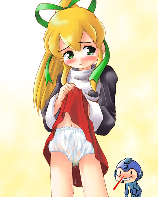 mega man (character), roll (mega man), capcom, mega man (classic), mega man (series), artist request, 1girl, blonde hair, blood, blush, embarrassed, green eyes, loli, nosebleed, panties, pantyshot, pee, peeing, peeing self, red skirt, see-through clothes, skirt, tears, underwear, upskirt, wet, wet clothes, wet panties, white panties